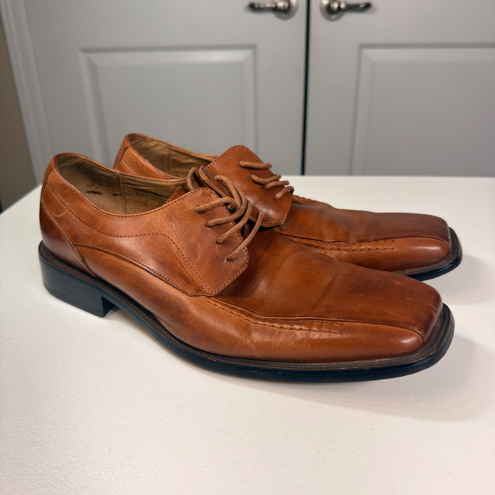 Tan Leather Square Toe Oxford Dress Shoes Lace Up Cognac Brown Men's Size 11